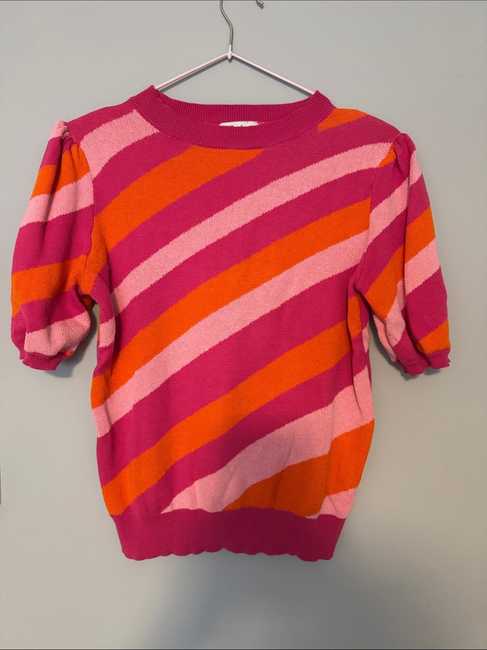 Fate Pink, Hot Pink & Orange Diagonal Stripe Puff Sleeve Sweater